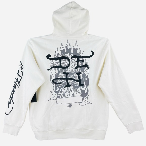 NWT Ed Hardy Men's Battle Skull Ivory Hoodie Sweatshirt Size XL Pullover - Picture 3 of 15